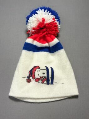 Vintage 1958 Snoopy in Snow on Skis Red White Blue Knit Beanie with Pom Pom